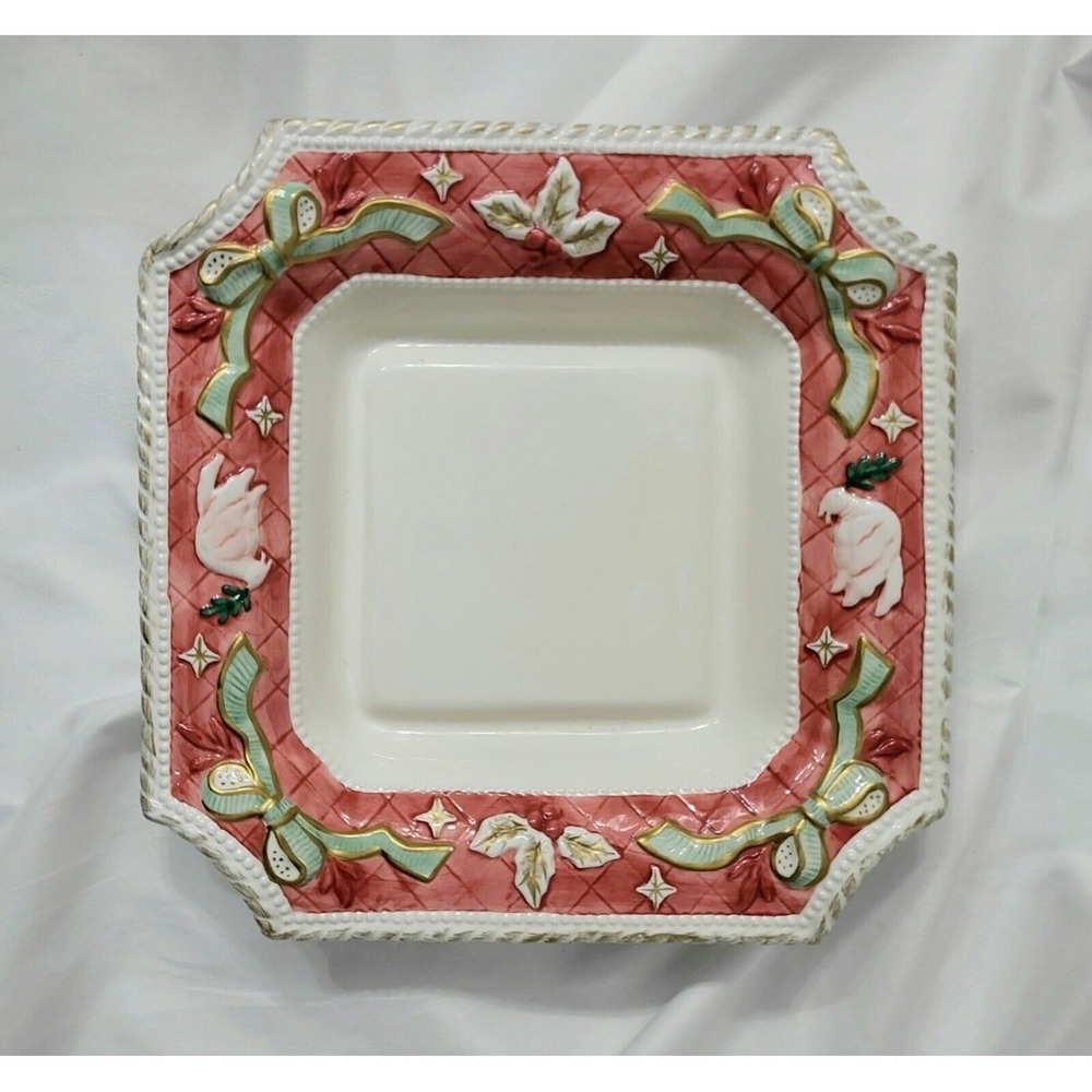 Vintage Claire Burke Holiday Collectibles 2001 Christmas Holly Ribbon Dish
